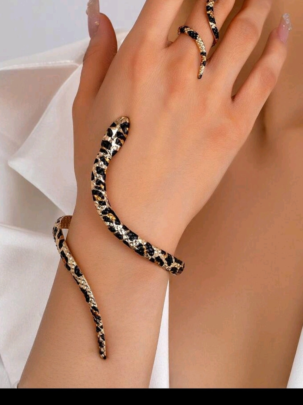 Snake Wrap Bracelet and Ring Set - Black and Gold